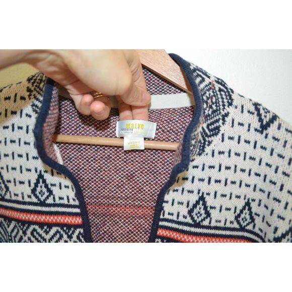 Anthropologie X Maeve Mock V Neck Patterned Knit Fair Isle Sweater Wool Cotton - Picture 4 of 7